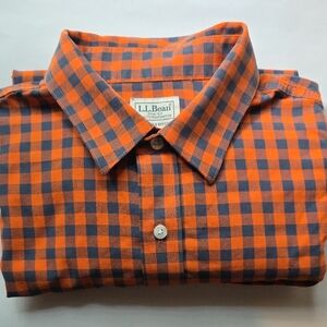 L.L. Bean Men's Orange Checkered Shirt Size Medium TALL 100% Cotton